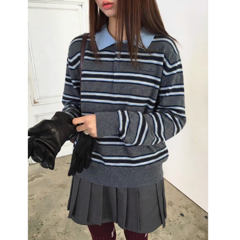 Korean Retro Preppy Polo Collar Navy Striped Knit Sweater for Women, New Autumn and Winter Warm Pullover Long-Sleeve Top Korean Retro Preppy Polo Collar Navy Striped Knit Sweater for Women, New Autumn and Winter Warm Pullover Long-Sleeve Top