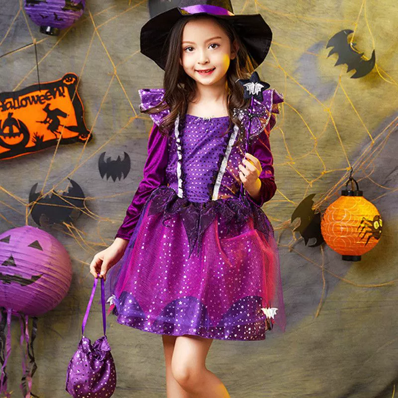 Trang phục Halloween trẻ em, trang phục phù thủy, váy phù thủy bé gái, trang phục cosplay kinh dị, trang phục ma cà rồng