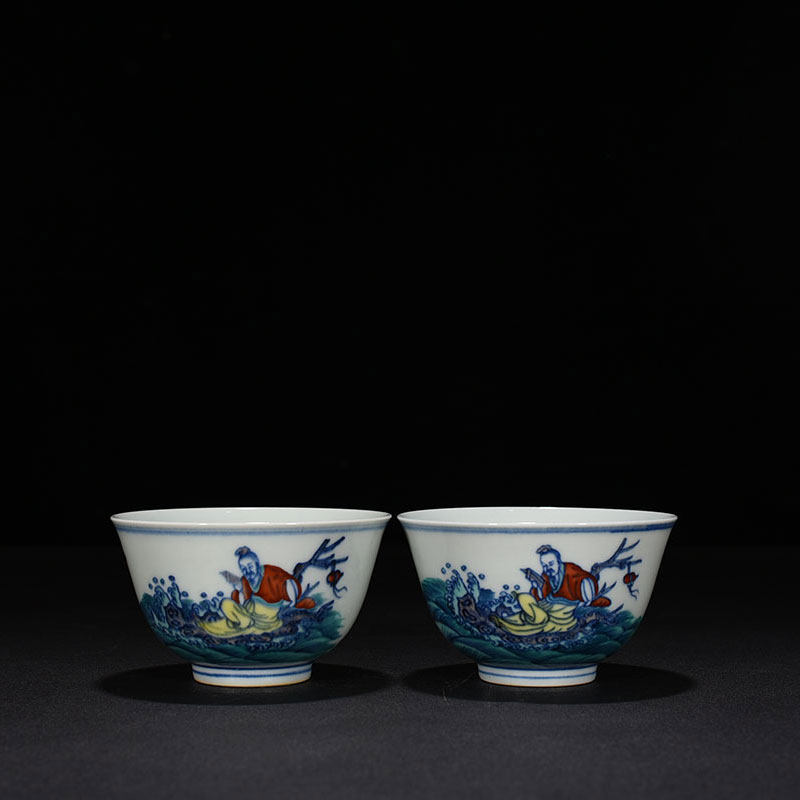 清康熙青花五彩人物纹杯碗古玩古董瓷器老货旧货收藏