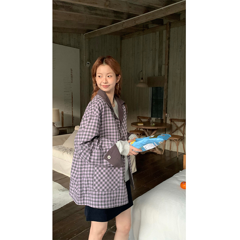 Cckok Gray-Purple Plaid Reversible Trench Coat Autumn Vintage Casual Windbreaker Jacket for Women