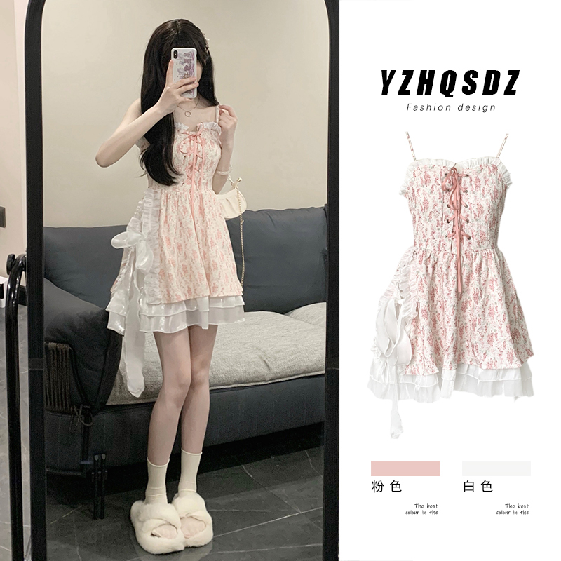 Oil Painting Secret Realm ~ Spring and Summer Playful, Cute, Sweet Drawstring Strap Floral Dress, New Style Dress for Petite Figures