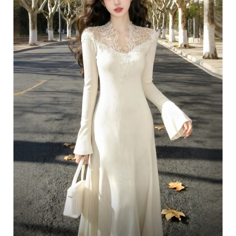 Lace Knitted White Long Dress for Women, Winter Gentle Atmosphere Long Dress, Waist-Cinching Base Dress, Inner Dress