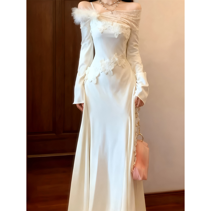 White Elegant and Sophisticated Fishtail Dress, Long Knit Dress with Long Sleeves, Noble Style Dress for Women, Autumn and Winter Inner Dress