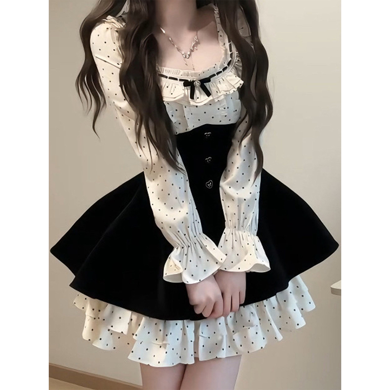 French-Style Polka Dot Faux Two-Piece Dress, High-End Elegant Princess Dress, Birthday Tutu Dress, Winter Dress