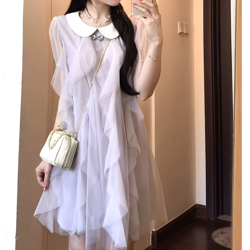 Purple Sweet Style Doll Collar Dress for Women, Summer Elegant Dress, Short-Sleeved Mini Dress, Slimming Mesh Dress