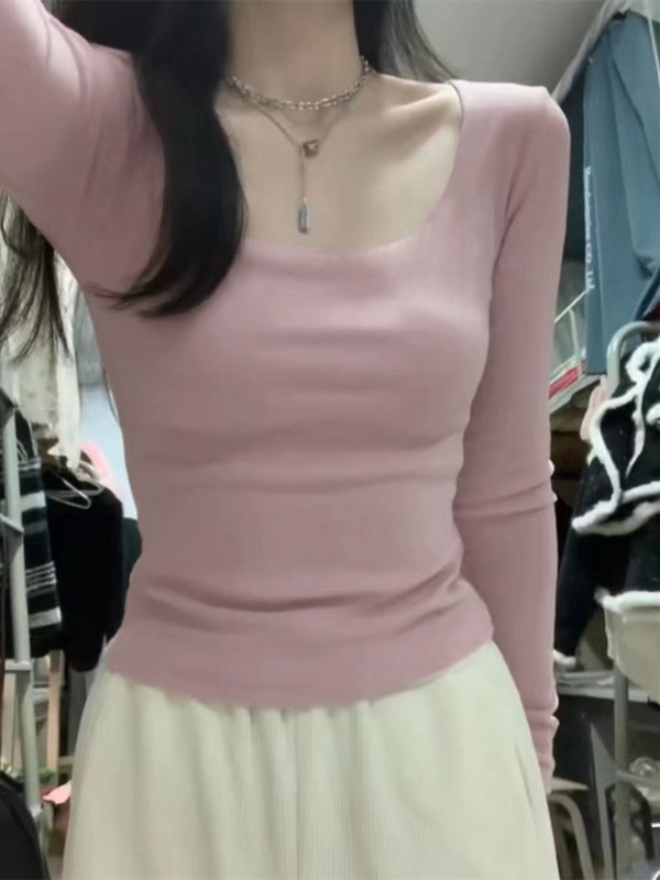 Spring Soft and Cozy Base Shirt for Women, Slimming Square Neck Long Sleeve, Sexy and Pure Style, Autumn and Winter Warm Inner Wear, Plus Size Top