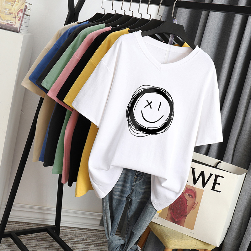 Large size white V collar T-shirt female summer Korean version 200 catty mm loose 100 hitch plus fat increase short sleeve blouses woman