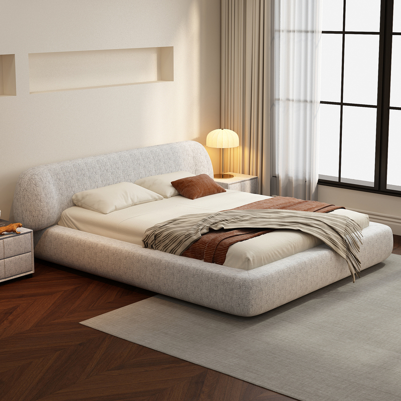 Cotton and Linen Fabric Hug Bed, Modern Minimalist Cream Style Designer Double Master Bedroom Wedding Bed, New Large Flat Bed Cotton and Linen Fabric Hug Bed, Modern Minimalist Cream Style Designer Double Master Bedroom Wedding Bed, New Large Flat Bed