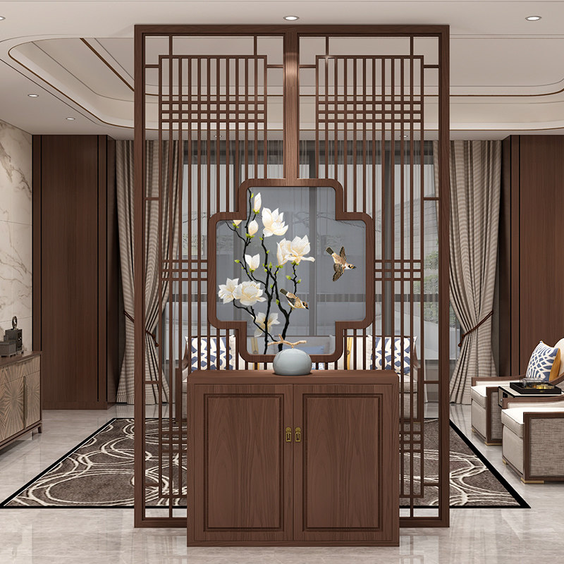 New Chinese style solid wood screen grille partition wooden living room embroidery porch Chinese style partition double-sided embroidery home entry