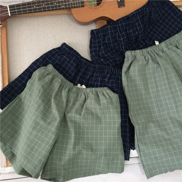 ໂສ້ງຍີປຸ່ນ plaid retro ຊັກ summer ສັ້ນຝ້າຍບໍລິສຸດສໍາລັບຜູ້ຊາຍແລະແມ່ຍິງຄູ່ pajamas ກາງເກງຫາດຊາຍແບບສະບາຍສາມາດໃສ່ນອກ