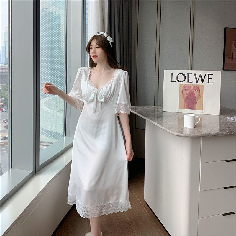 Court wind French sleepy dress summer ice ribbon chest cushion short sleeve lace sweet pajamas in long skirt home dress thin
