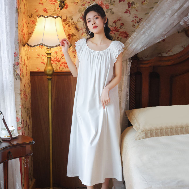Sleeping Dress Woman Summer 2022 New Pure Cotton Cute Pyjamas Fairy Wind Palace Court No Sleeve Lace House Wear Thin