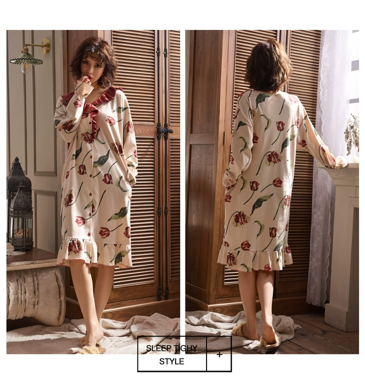 Bà Sally 2019 Áo ngủ mới dành cho nữ Mùa xuân và mùa thu Cotton dài tay Tide Long Sexy Princess Wind Net Red Pyjama - Đêm đầm