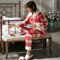 Mrs. Si Li pajamas female winter cotton thick three-layer cotton cotton autumn and winter plaid princess style cute sleeping jacket