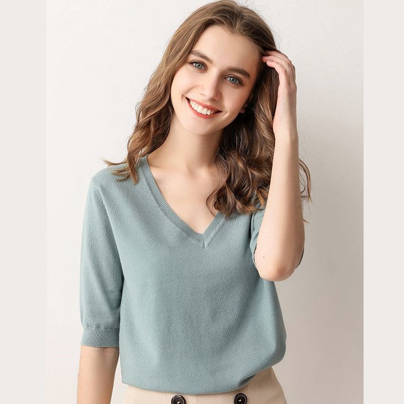 Summer Women Sweaters Pullovers V Neck Knitted Jumper Thin