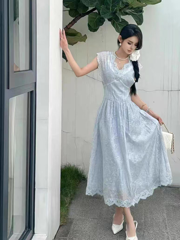 European Station Summer V+.Com French High-End V Neck Lace Embroider Sequined Waist Slimming Look Sleeveless Dress