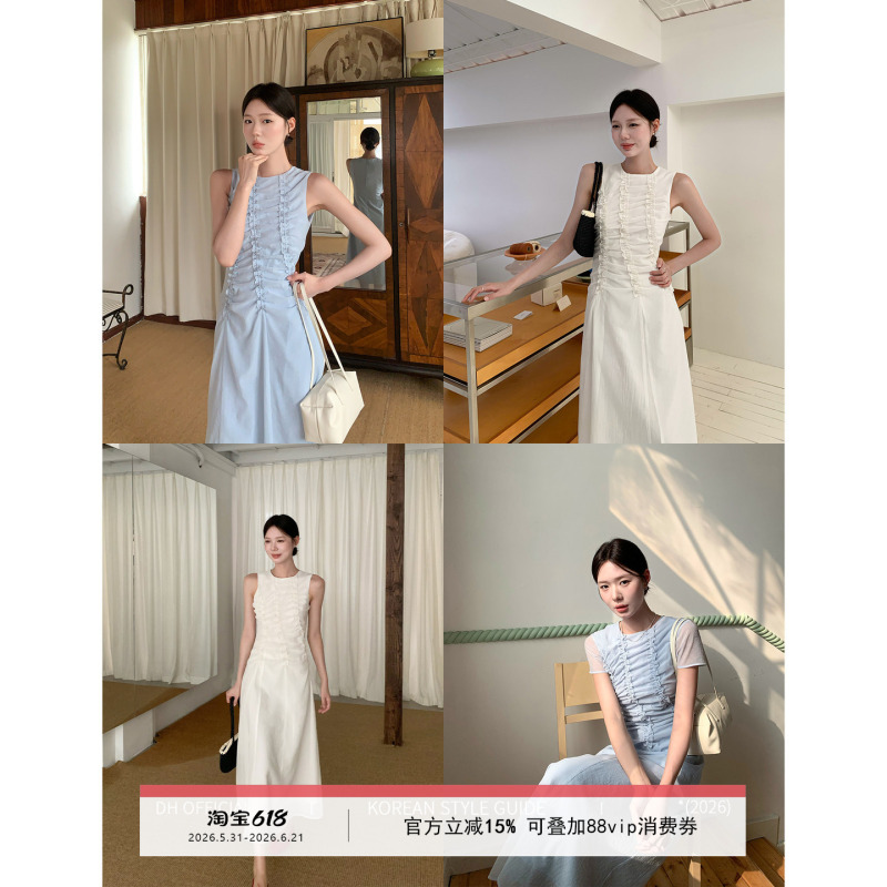 Dh Big Flower [Morandi Art Exhibition] Summer Korean-Style Round-Neck Pleated Ruffle High-End Elegant Long Dress
