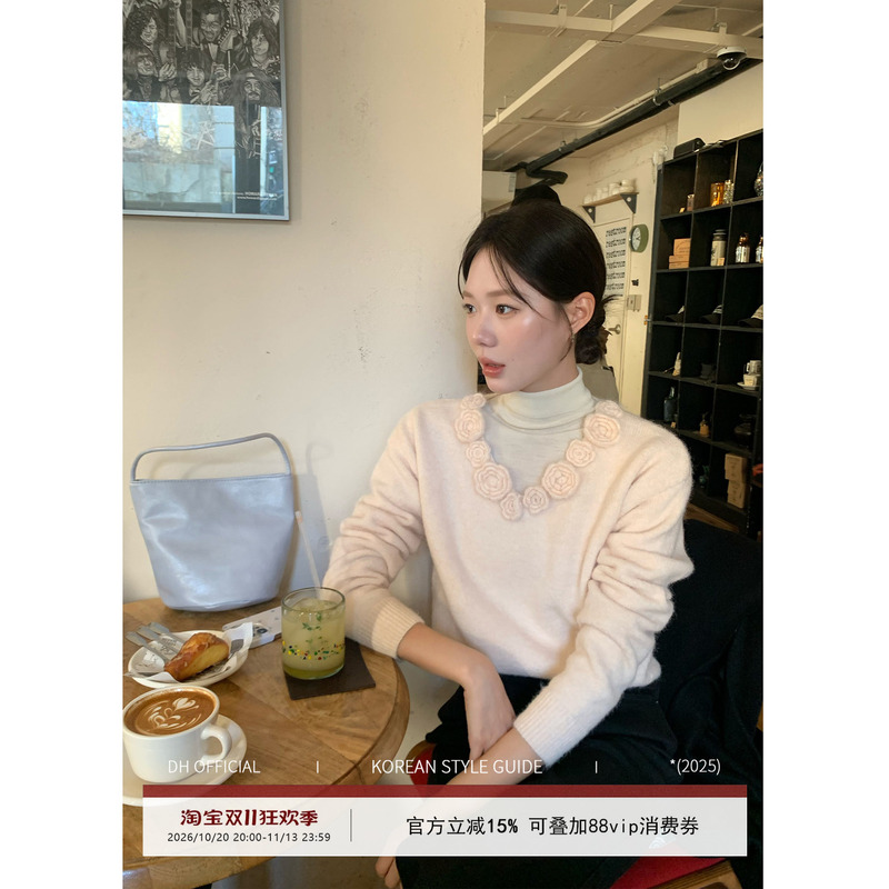 Dhu Big Flower [Pink Mist Rose] Three-Dimensional Rose V-Neck Sweet and Lazy Style Loose Warm Sweater
