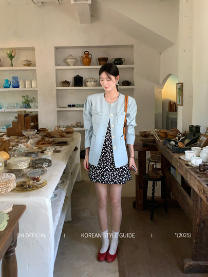 Limited-Time Clearance Sale | Big Flower [Blue Wind Chime Bule] Lake Green Tone Short Jacket, Korean Style, Elegant H-Line, Slimming Effect