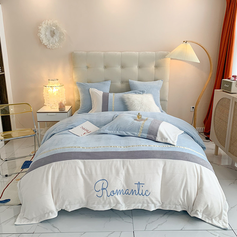 Winter thickened milk velvet four-piece simple coral velvet linen linen embroidery quilt cover flannel bedding