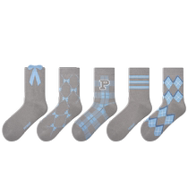 PRIMEET gray gray socks for women spring and autumn mid-calf socks with bows internet celebrity trendy sports stockings