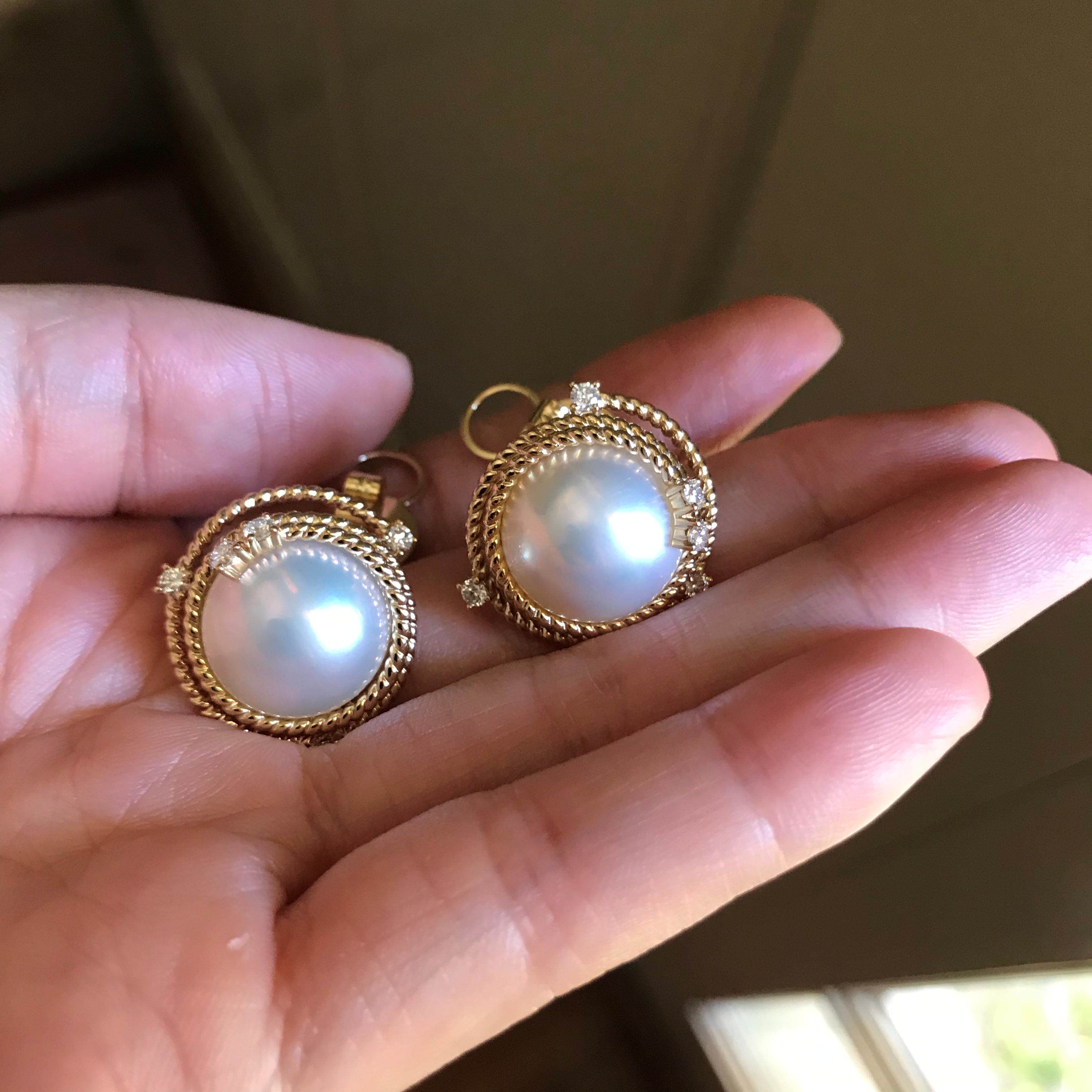 (Westin Jewelry) French elegant handmade twist edging craft Mabe beads pearl 18k diamond earrings