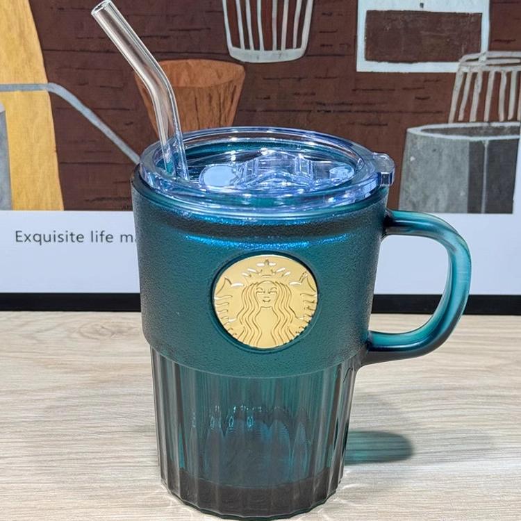 Suitable for Starbucks Cups, Dark Green Goddess Series Nameplate, Copper-Colored Seal, Vertical Stripes, Gold-Edged Diamond Pattern Cup Lid