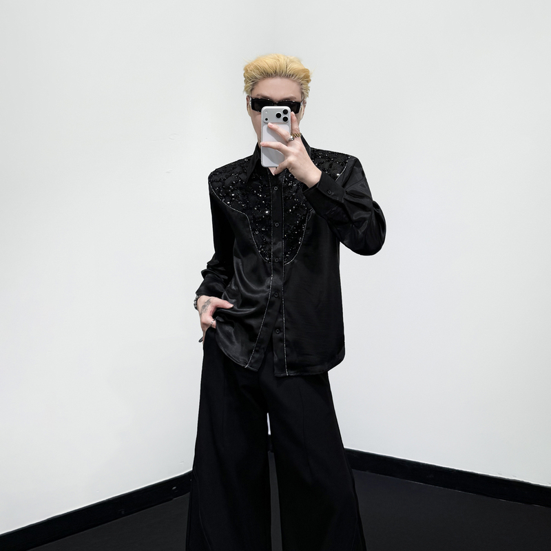 Korean Style Black Sequin Mesh Shirt for Men, Western Style with Curved Shoulder and Chest, Heavy-Duty Contrast Stitching, Loose Trendy Design