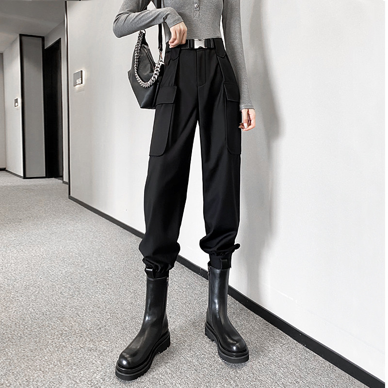 Black overalls women's spring and autumn 2022 new high-waisted slim casual harem strappy fried arcade functional women's pants summer
