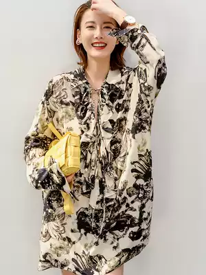 BEEWOOD Bi Wutong original design women's heavy silk Mulberry silk ruffled lace-up print dress