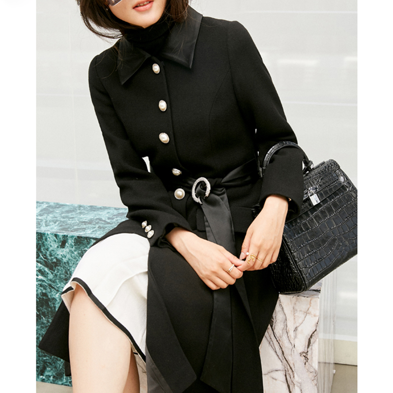 BEEWOOD Bi Wutong high-end custom imported Australian wool coat female lace-up medium and long version of the coat cattle goods