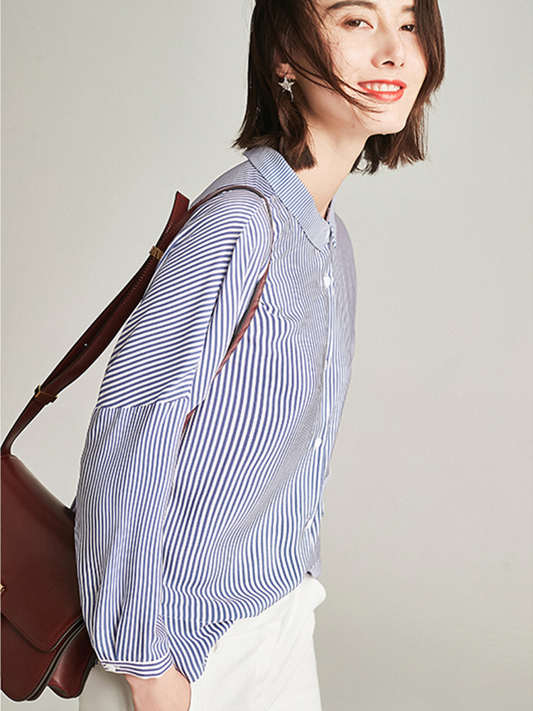 BEEWOOD Beutong original design women's dress true silk long sleeve shirt blue striped loose shirt blouse