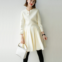 BEEWOOD Biwutong original design womens silk wool dress round neck nine-quarter sleeves pleated large swing skirt