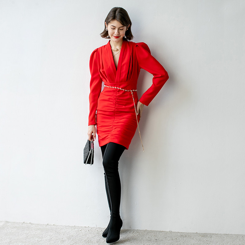 Jade Shadw original design of Jade Shadow Deep V - collar sleeve folds and thin waist dress