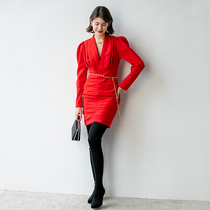 BEEWOOD Biwutong original design womens deep V-neck long-sleeved pleated waist slimming bag hip high waist dress