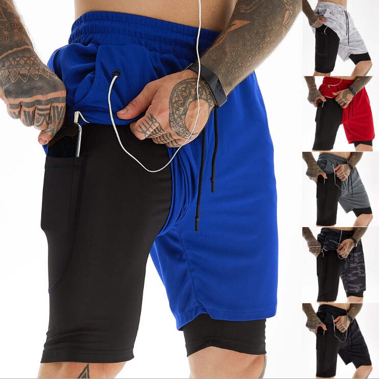 Men's Sports Shorts, Quick-Drying, Double-Layered, Fitness Running Shorts, Fake Two-Piece, Anti-Exposure, with Phone Pocket, Training Basketball Shorts