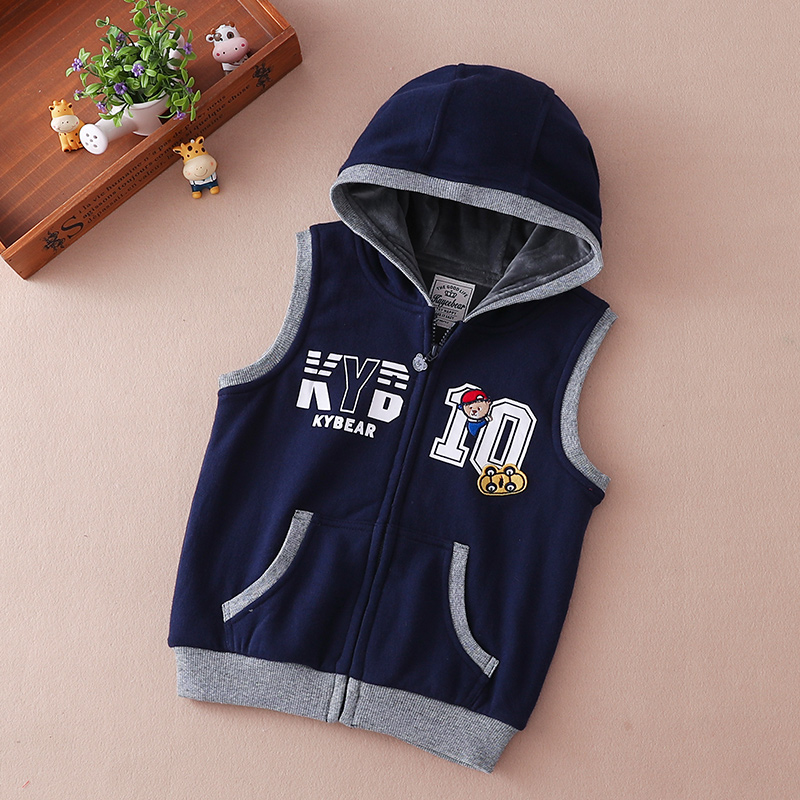 College style boys hooded plus velvet thickened vest 2023 autumn and winter new children's clothing vest baby Korean version of the top