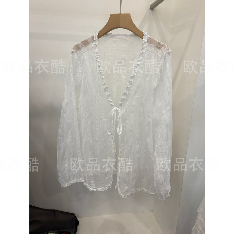 European Station 2026 Summer New Retro Lace Style V-Neck Tie Chiffon Shirt Women's Long Sleeve Sunscreen Cardigan