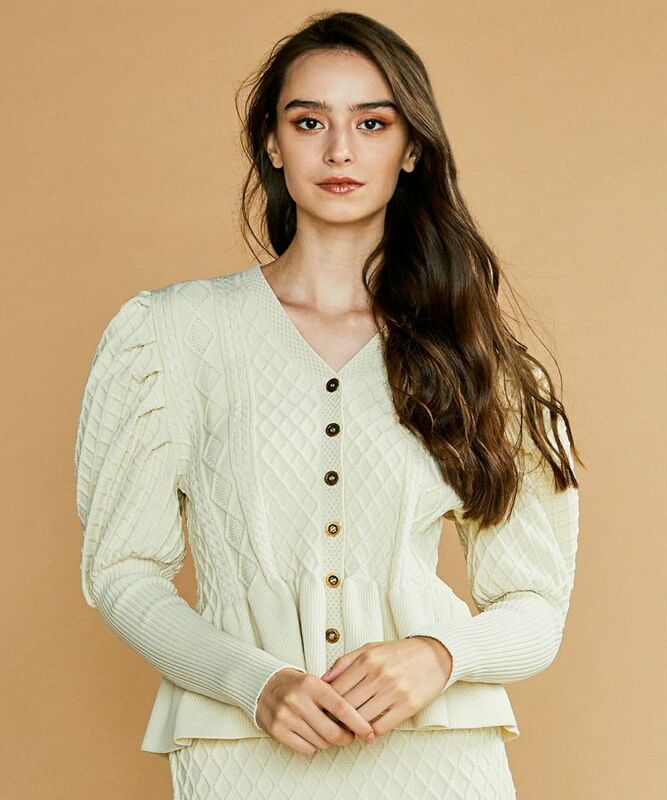 Ddflowers Japanese Premium Brand Dsc Cable Knit Pattern Court-Style Puff Sleeve Slim-Fit Knitted Cardigan 2 Colors B