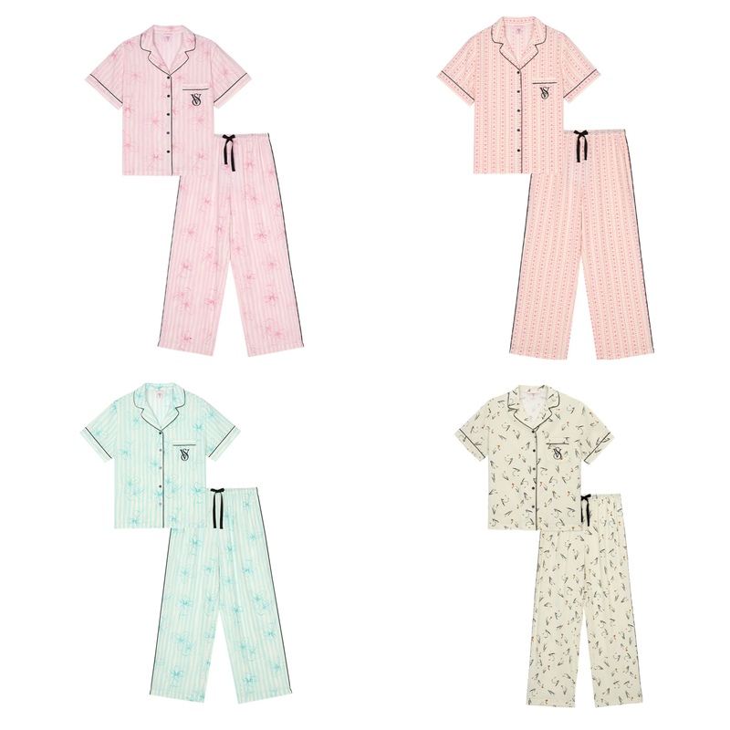 Victoria's Secret New Printed Tencel Cotton Short-Sleeve Long Pants Striped Set Pajamas Loungewear Loose Fit Victoria's Secret New Printed Tencel Cotton Short-Sleeve Long Pants Striped Set Pajamas Loungewear Loose Fit