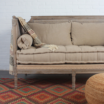 American old wooden fabric double sofa log carved rattan back triple adult down solid wood furniture