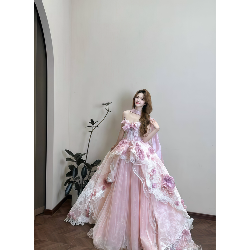 Pink Heavy-Duty Formal Dress 2026 New Style Strapless Princess Gown with Large Hem and 3D Floral Design for Birthday Hosting, Super Fairy-Like Long Dress