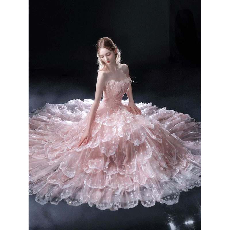 Pink Strapless Evening Dress for Women, High-End French Style Student Party Coming-Of-Age Ceremony Princess Dress