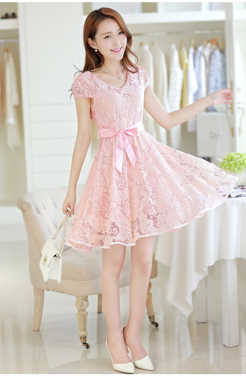 Korean shortsleeved chiffon lace dress Pink 11street Malaysia Midi