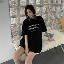 GRUGD DIRBEN black basic cut letter print loose short-sleeved round neck T-shirt casual Japanese cotton