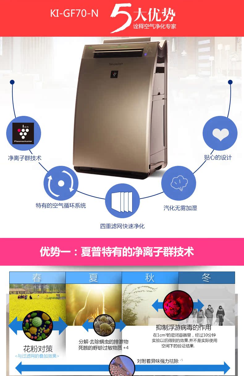máy lọc không khí kc-j50-h Máy lọc không khí Sharp / SHARP nhà khử trùng và làm ẩm KI-GF70-N ngoài khói bụi máy lọc không khí hàn quốc mini