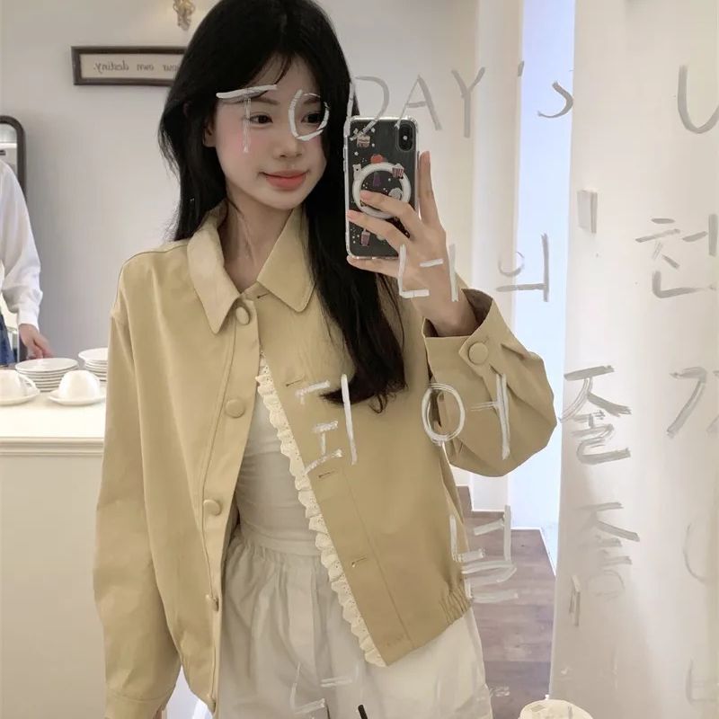 Lace Patchwork Unique Shirt Women's Long-Sleeved Jacket Spring and Autumn New American Style High-End Baseball Uniform Versatile Short Coat