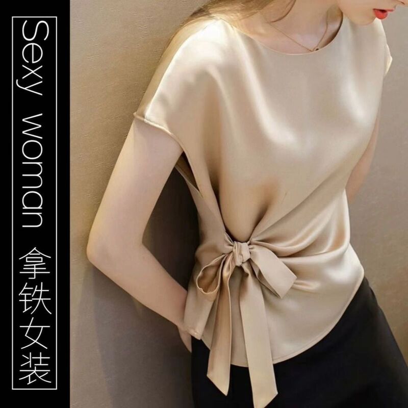 Tie Bow Design, Unique Waist-Cinching Top, Women's Short-Sleeved Summer New Style, Fashionable and Beautiful Age-Reducing Shirt, Trendy