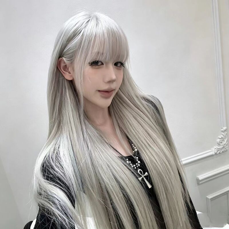 Wig for Women, Silver-White, with Bangs, Long Straight Hair, Cool and Elegant, Natural and Realistic, Breathable Full Wig