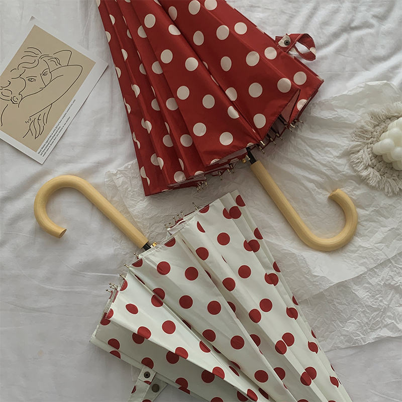 Vintage Hong Kong Style Long-Handled Umbrella for Women, Polka Dot, 16 Ribs, Extra Large, Foldable, Automatic, Reinforced, Sturdy, Suitable for Both Sunny and Rainy Weather